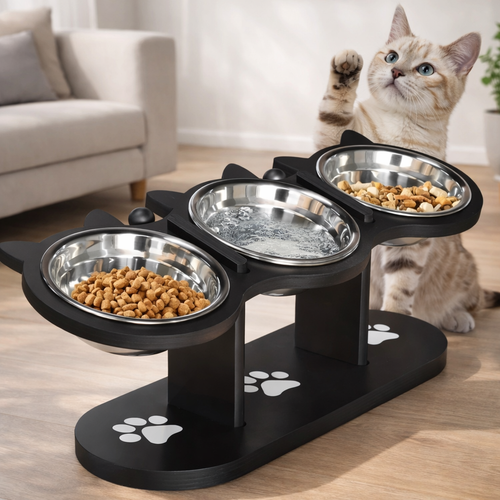 Elevated Cat Bowl With Adjustable Wood Stand And Stainless Steel