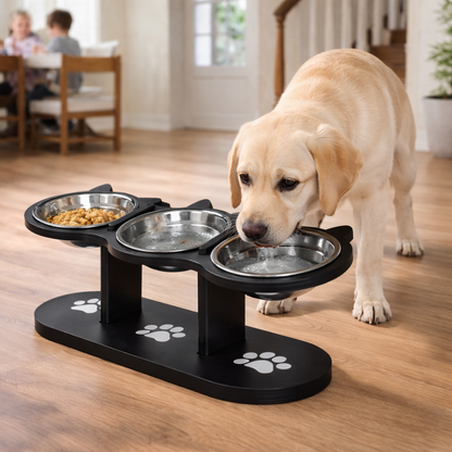 Elevated Cat Bowl With Adjustable Wood Stand And Stainless Steel