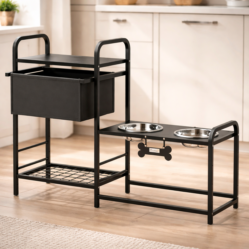 Elevated Dog Bowl With Height Adjustable Stand And Storage Space