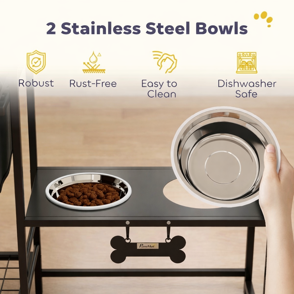 Elevated Dog Bowl With Height Adjustable Stand And Storage Space