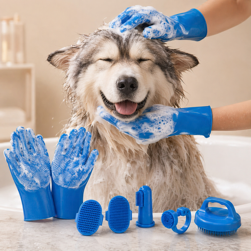 6-Piece Pet Grooming Kit - Dog Cat Washing Gloves & Bath Brushes