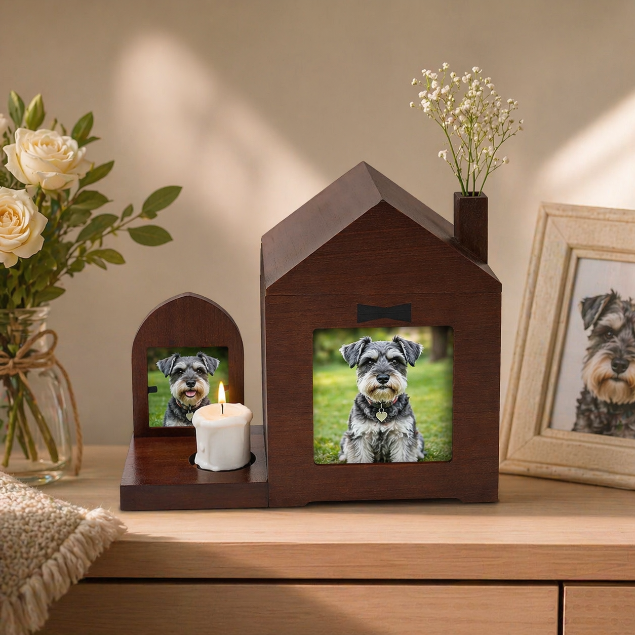 Pine Acrylic Pet Urn With Two Photo Frames For Small Pet Ashes