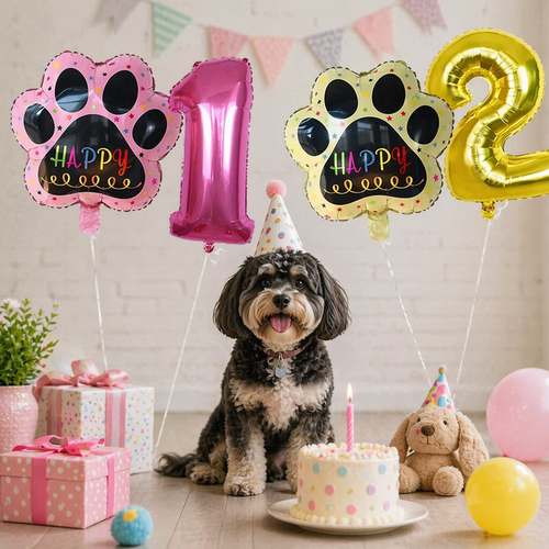 Dog Birthday Party Balloons Set - 30 Inch Paw Print Aluminum Foil