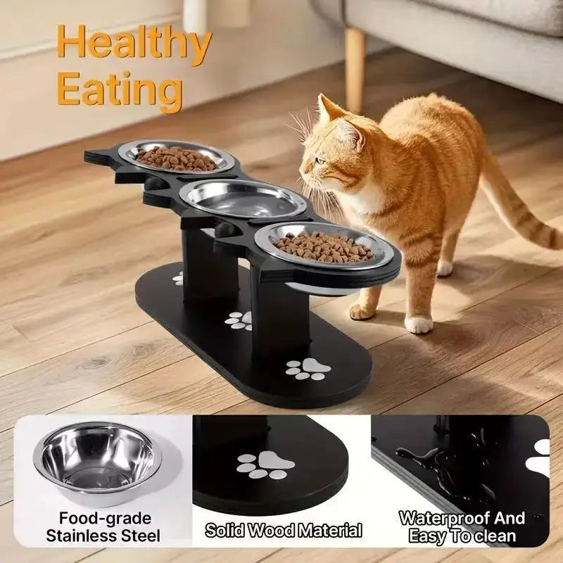 Elevated Cat Bowl With Adjustable Wood Stand And Stainless Steel