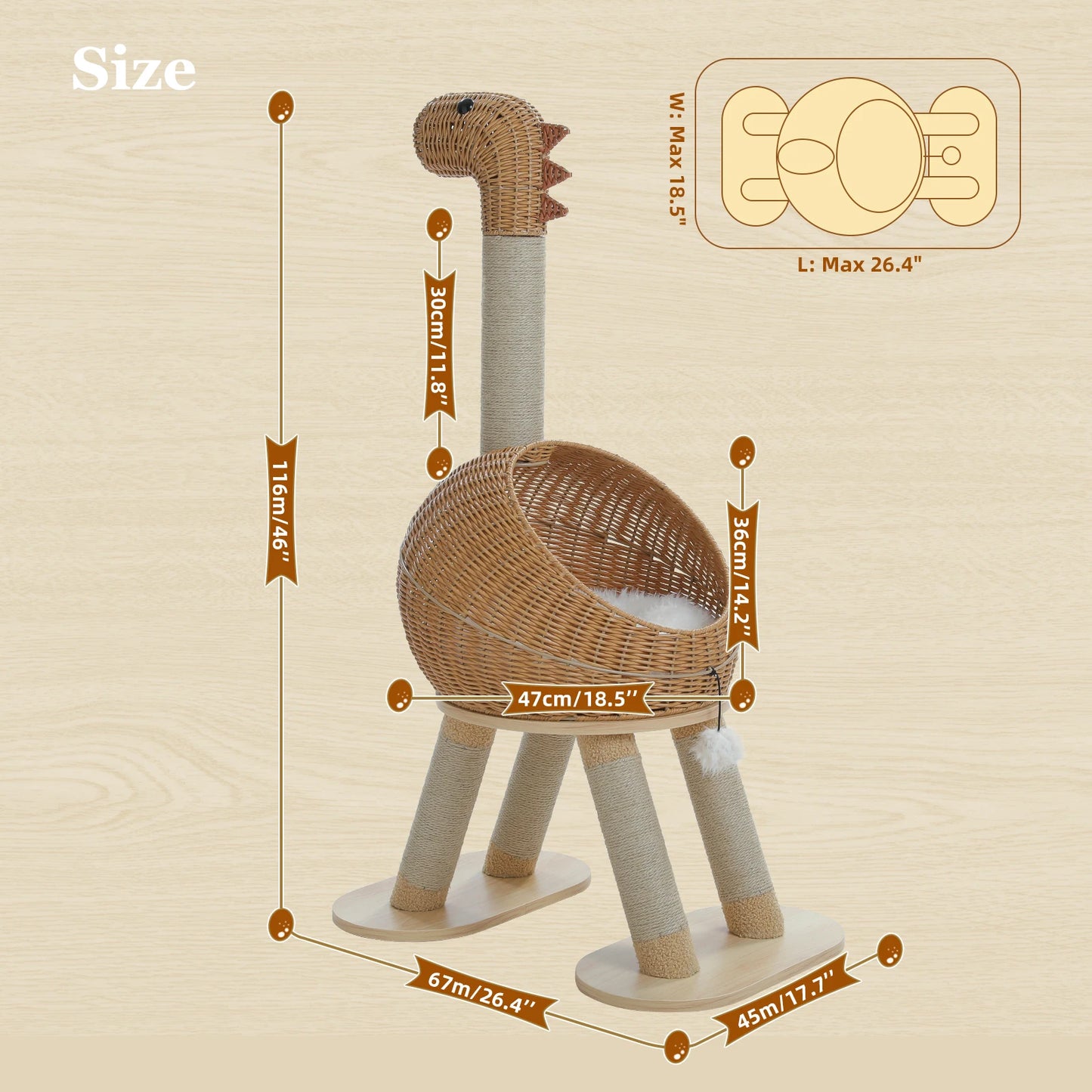 Dinosaur Cat Tree Tower With Sisal Scratching Post Large Rattan Condo