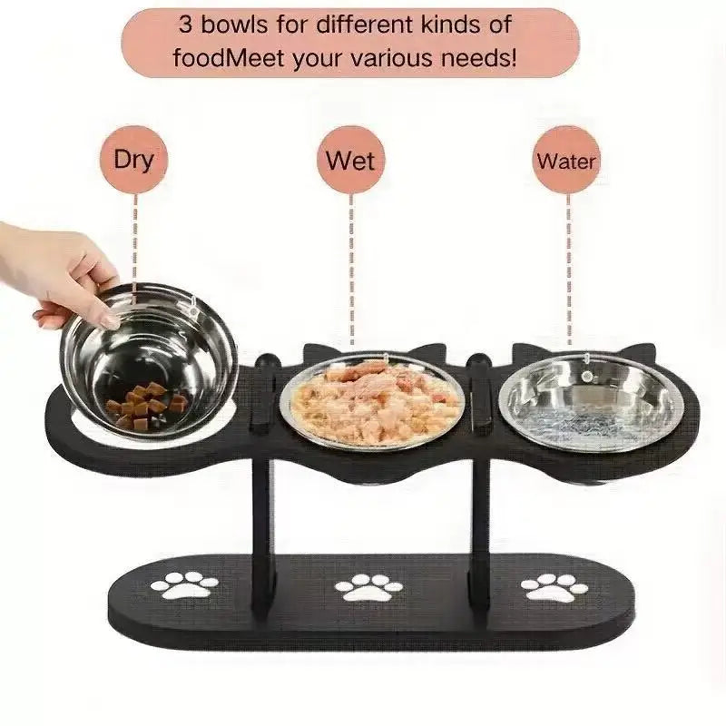 Elevated Cat Bowl With Adjustable Wood Stand And Stainless Steel
