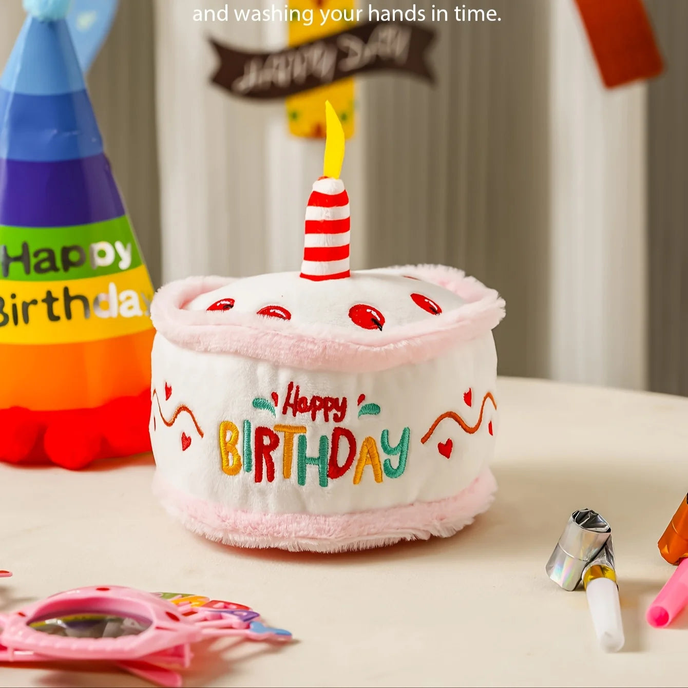 Interactive Plush Birthday Cake Squeaky Toy For Pets With Happy Birthday Embroidery