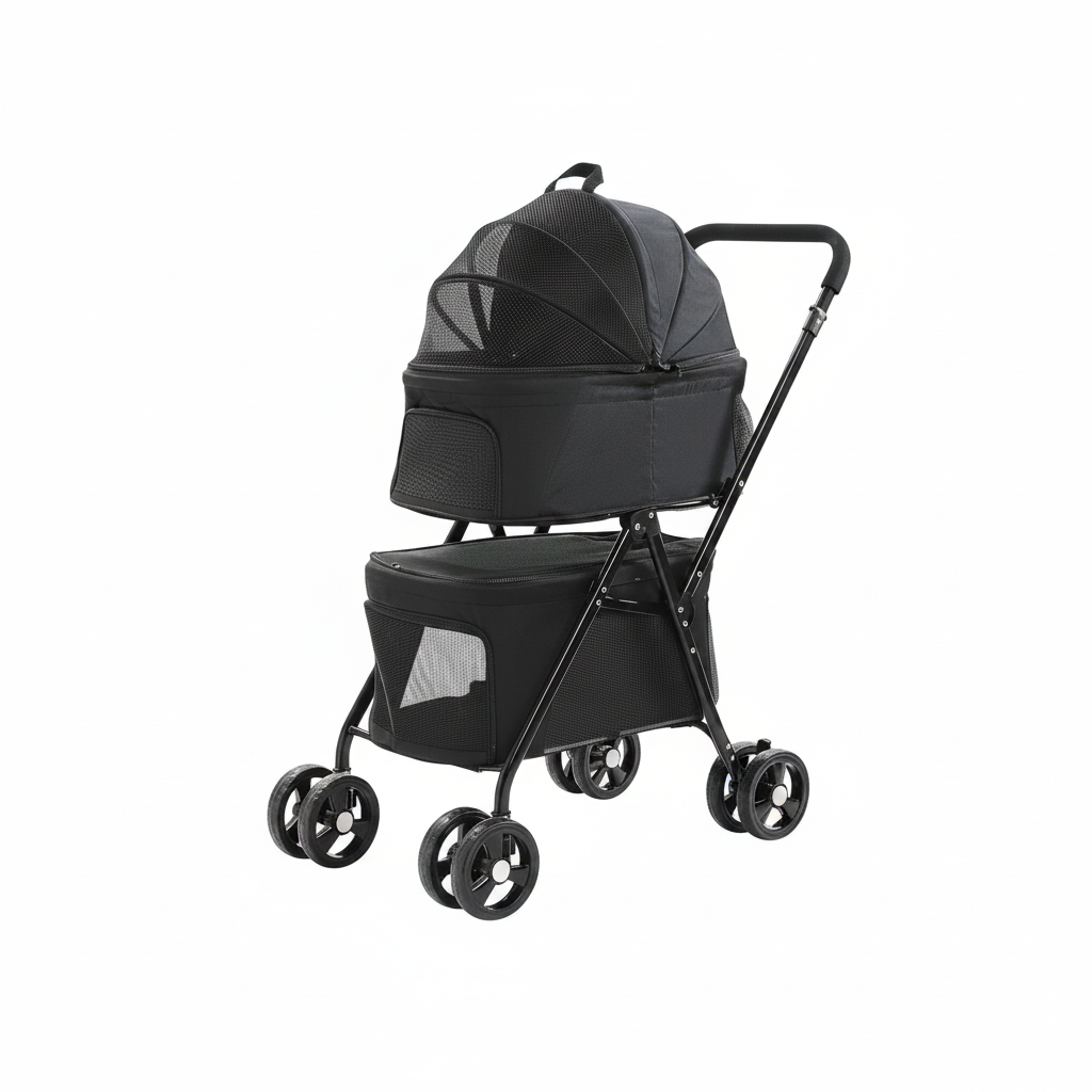 Foldable Pet Stroller 4-Wheel Dog Travel Pushchair With Storage Basket