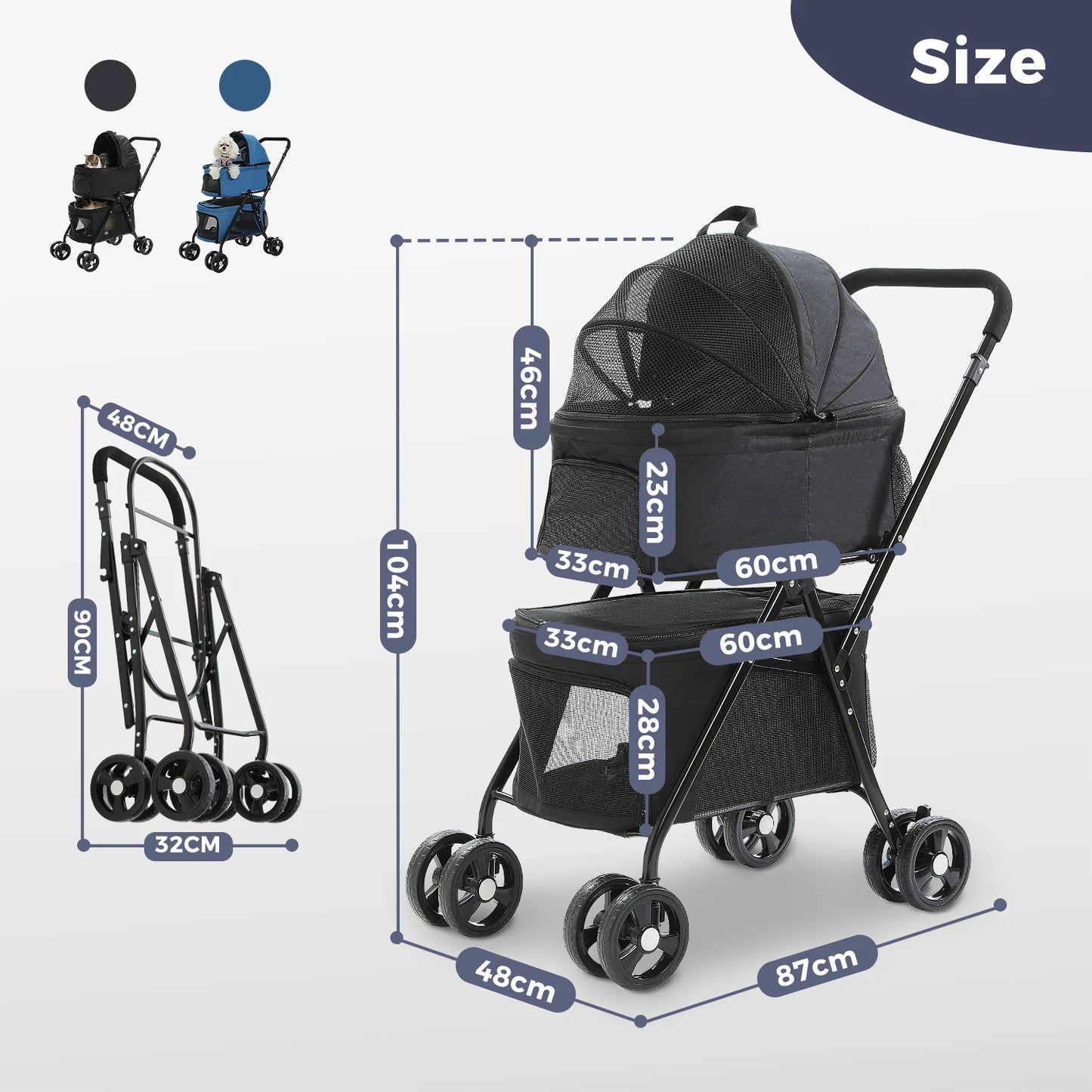 Foldable Pet Stroller 4-Wheel Dog Travel Pushchair With Storage Basket