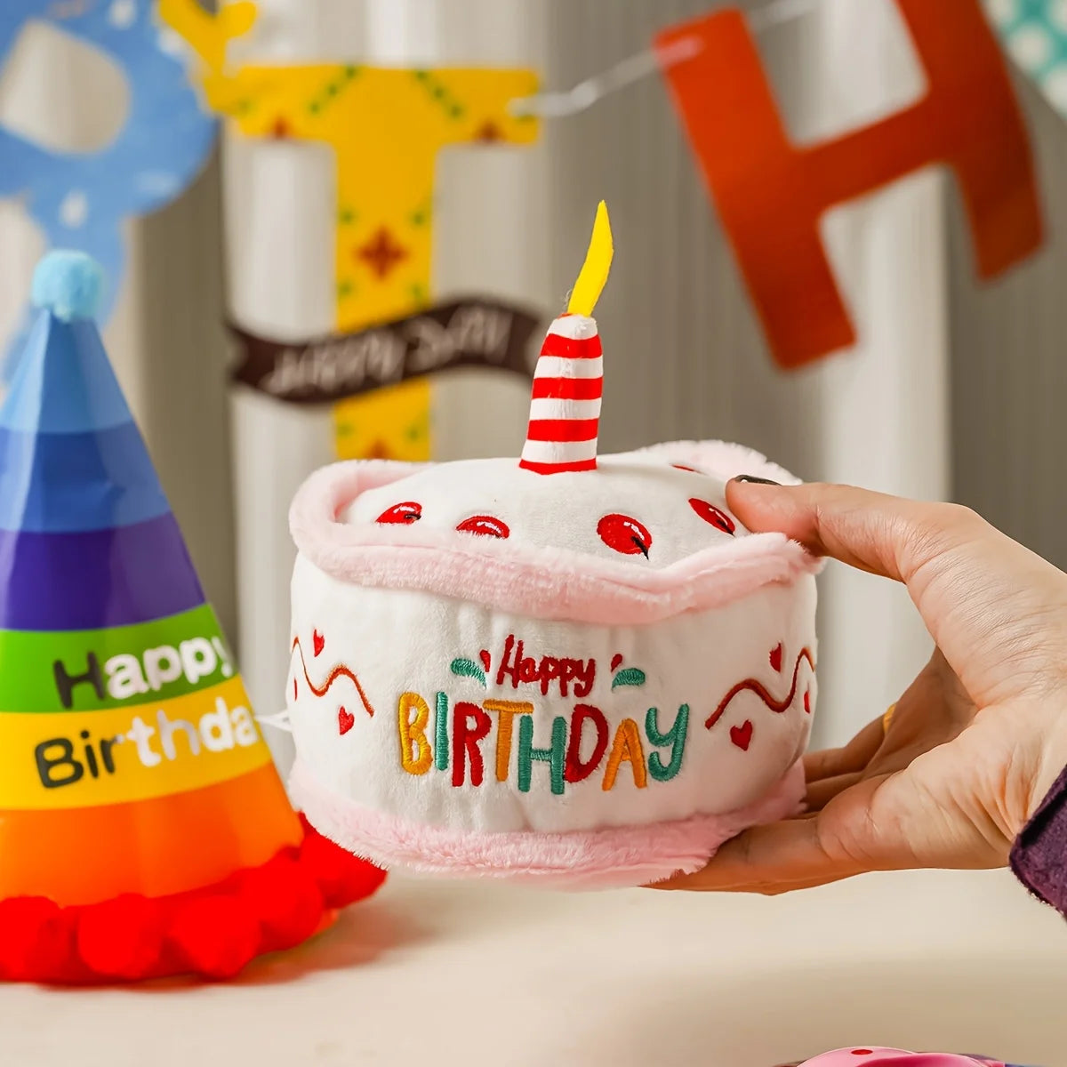 Interactive Plush Birthday Cake Squeaky Toy For Pets With Happy Birthday Embroidery