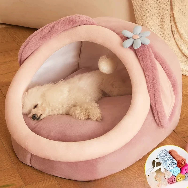 Cat Bed With Rabbit Ears - Soft Warm Pet Basket For Small Dogs