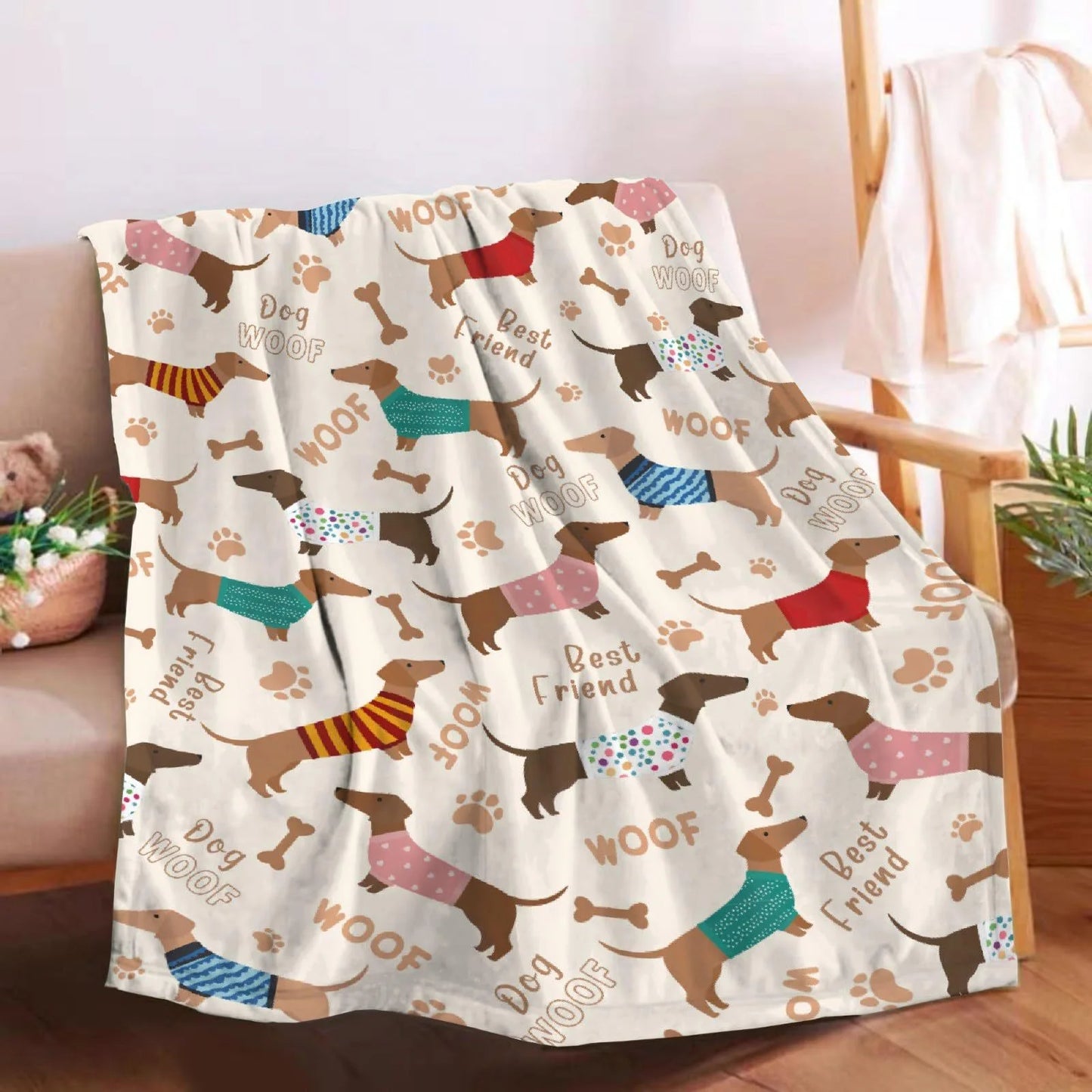 Cute Dachshund Blanket - Soft Flannel Cartoon Printed Throw