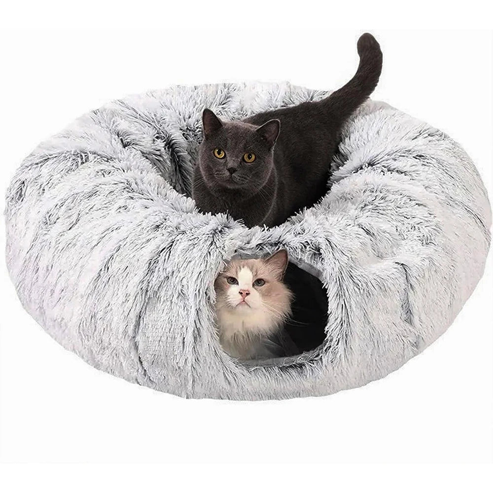 Winter Plush Cat Tunnel Bed - Foldable Two-in-One Pet Nest