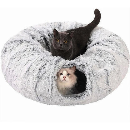 Winter Plush Cat Tunnel Bed - Foldable Two-in-One Pet Nest