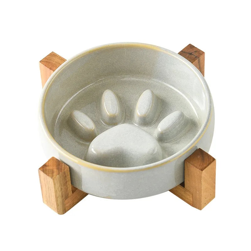 Japanese Ceramic Pet Bowl Set With Slow Feeder And Wood Stand