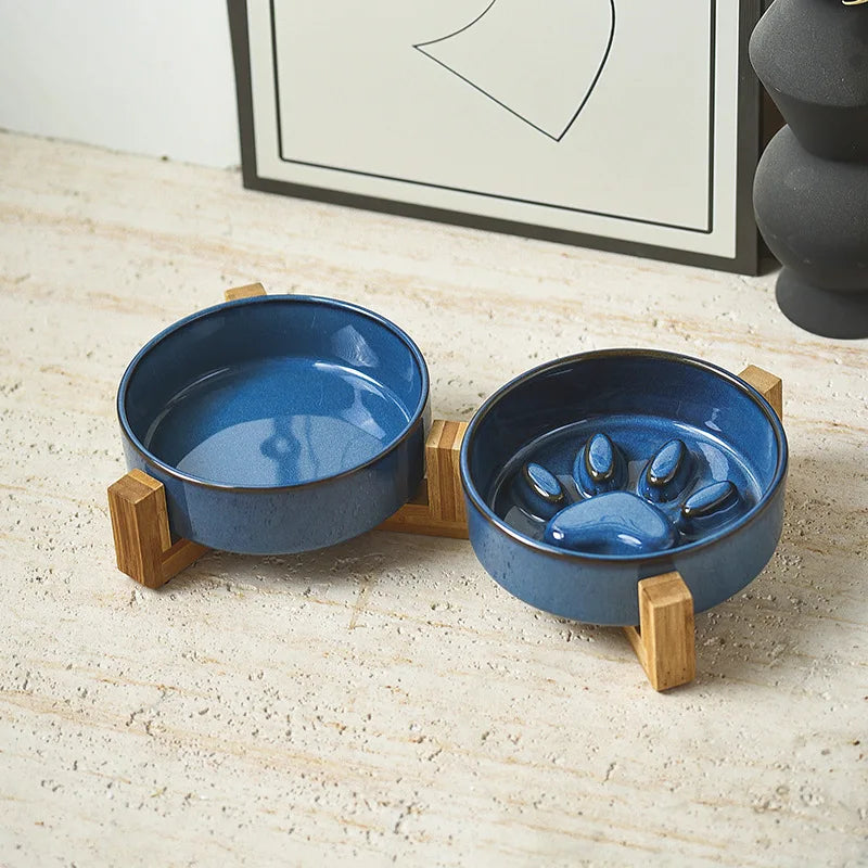Japanese Ceramic Pet Bowl Set With Slow Feeder And Wood Stand