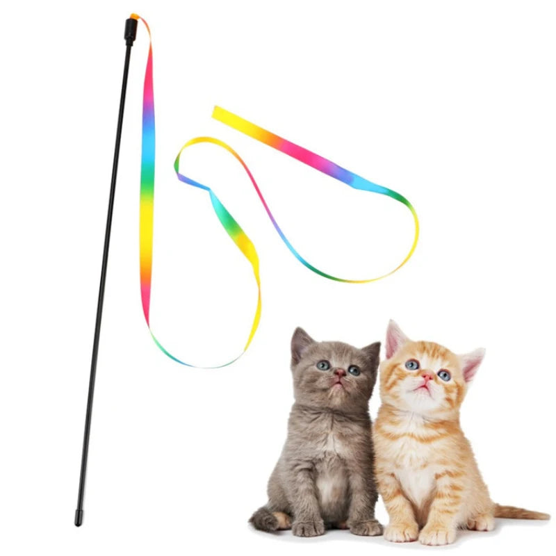 Pet Cat Interactive Teaser Wand With Rainbow Strips And Feathers