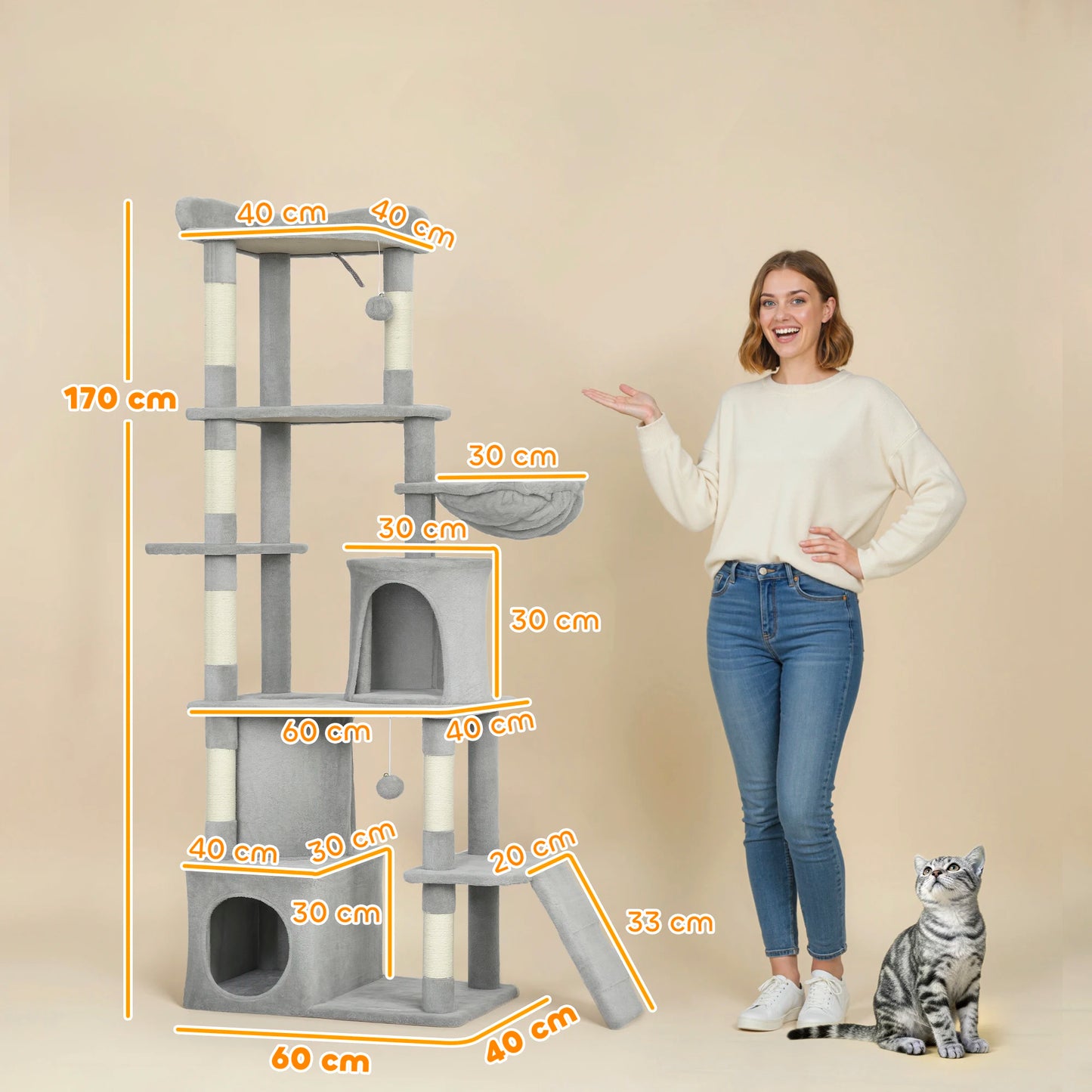 PawHut 170cm Cat Tower Scratching Post With Cave And Plush Balls