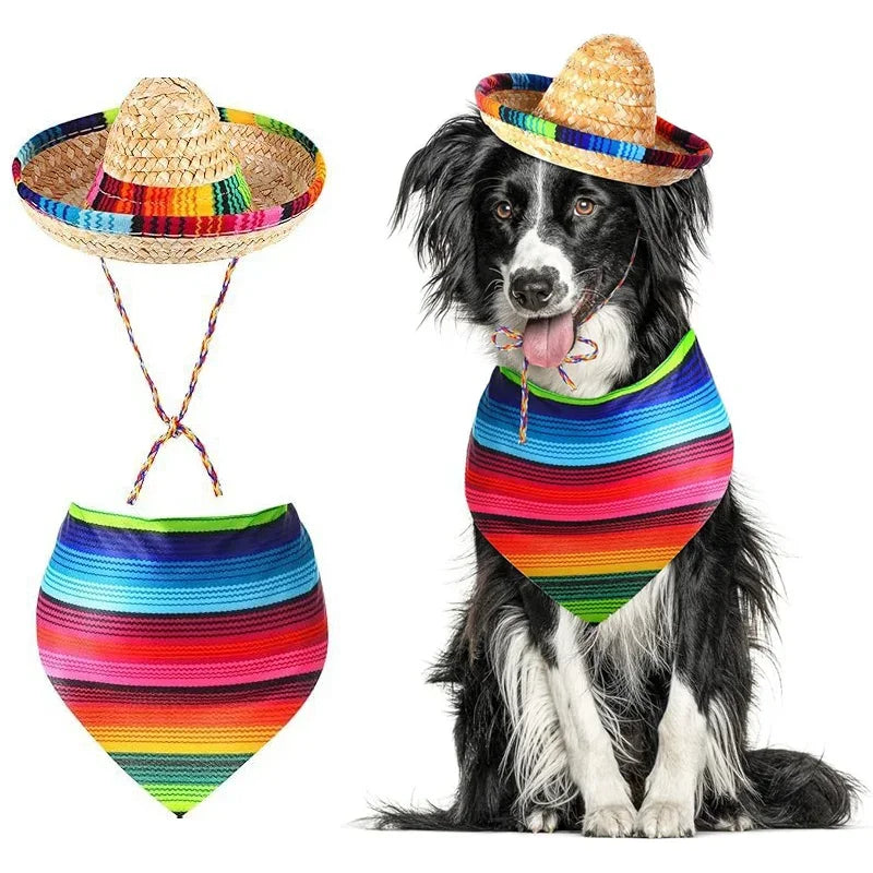 Mexican Dog Hat And Bandana Set - Striped Pet Neck Scarf