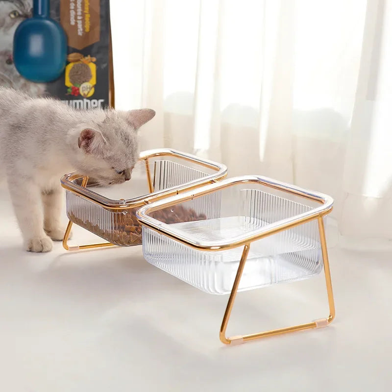 Elevated Cat Bowl Transparent Glass Double Bowl For Neck Protection