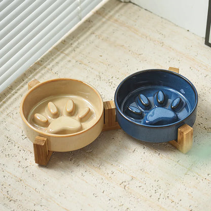 Japanese Ceramic Pet Bowl Set With Slow Feeder And Wood Stand