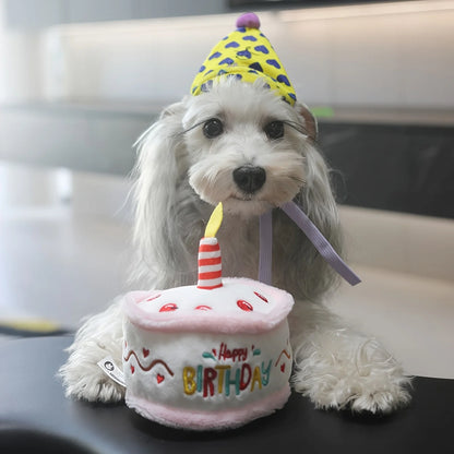 Interactive Plush Birthday Cake Squeaky Toy For Pets With Happy Birthday Embroidery