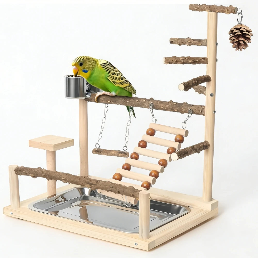 Parrot Activity Center - Wooden Bird Playstand With Swings & Ladder