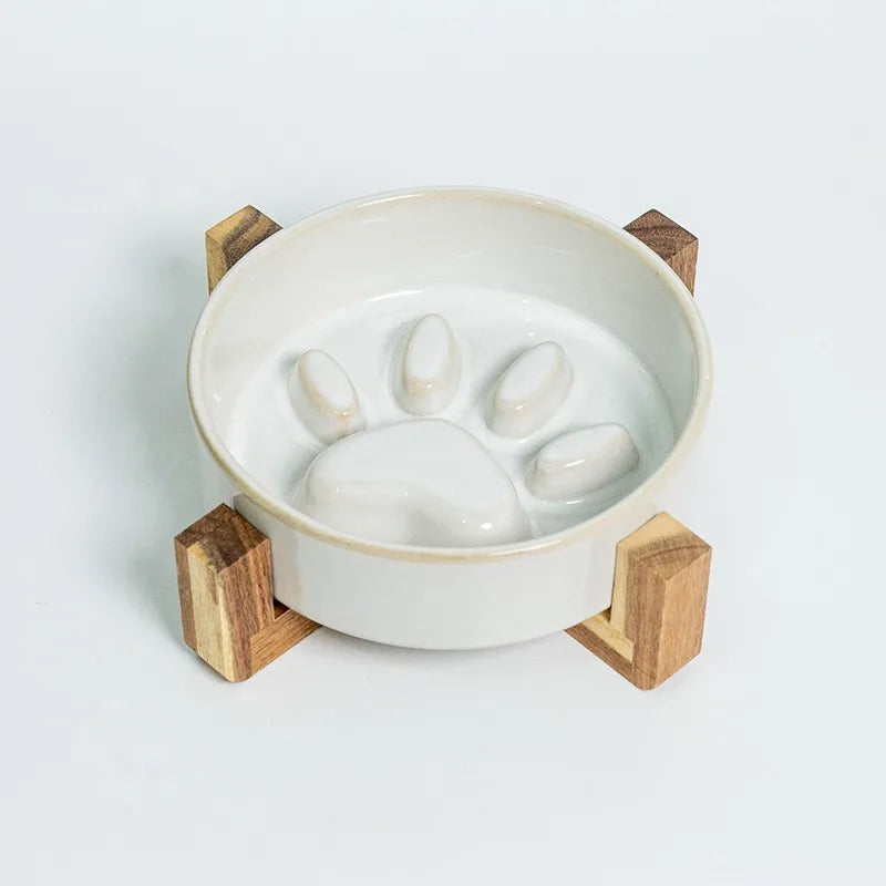 Japanese Ceramic Pet Bowl Set With Slow Feeder And Wood Stand