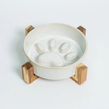 Japanese Ceramic Pet Bowl Set With Slow Feeder And Wood Stand