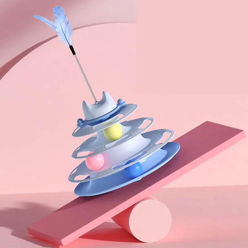 Interactive Cat Toy Tower With Track Balls And Feather