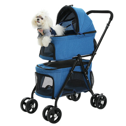 Foldable Pet Stroller 4-Wheel Dog Travel Pushchair With Storage Basket