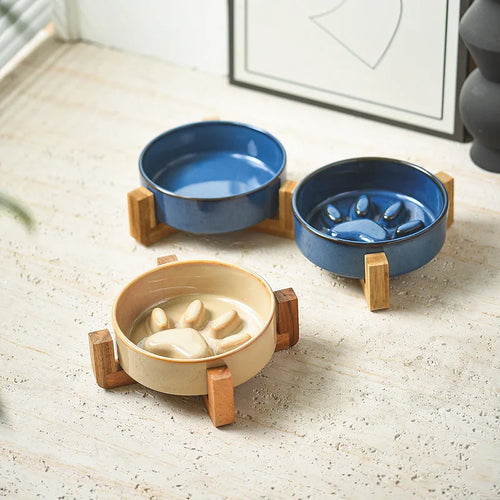 Japanese Ceramic Pet Bowl Set With Slow Feeder And Wood Stand