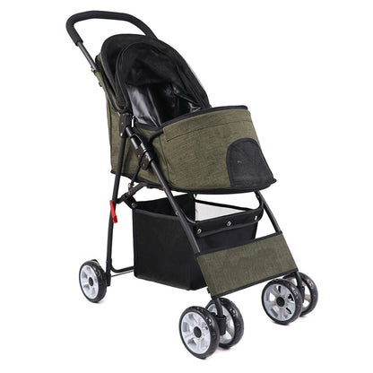 Foldable Pet Stroller 4-Wheel Dog Travel Pushchair With Storage Basket