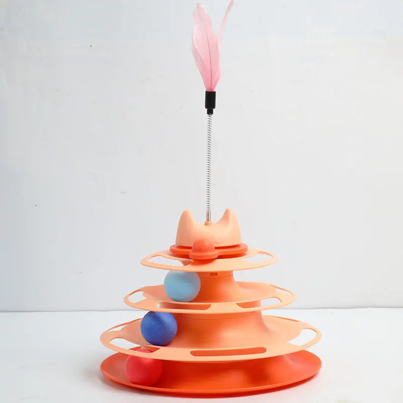 Interactive Cat Toy Tower With Track Balls And Feather