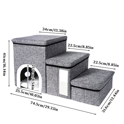 3-Level Foldable Dog Stairs With Storage - Pet Steps For Bed & Sofa