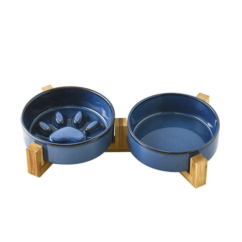 Japanese Ceramic Pet Bowl Set With Slow Feeder And Wood Stand