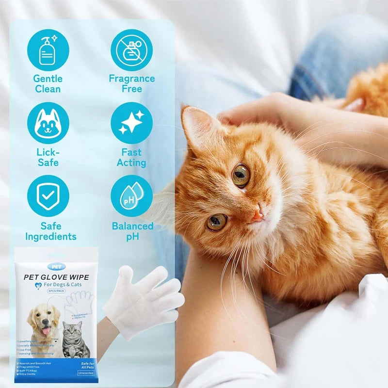 6 Pack Pet Cleaning Wipes Gloves For Dogs Cats Puppies Kittens