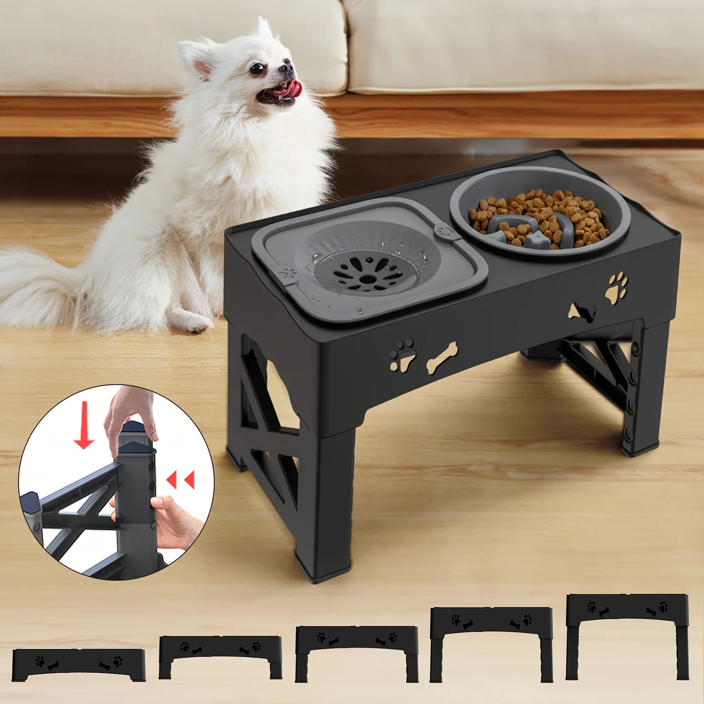 Pet Slow Feeder Bowl - Anti-Tip Adjustable Height Stand for Dogs and Cats