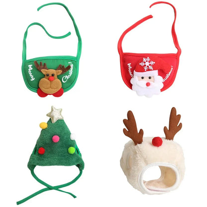 Christmas Pet Costume Santa Hat with Bandana Set for Cats Dogs