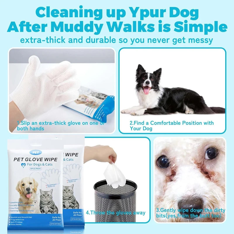 6 Pack Pet Cleaning Wipes Gloves For Dogs Cats Puppies Kittens