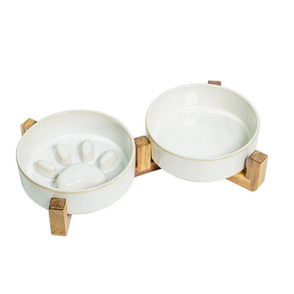 Japanese Ceramic Pet Bowl Set With Slow Feeder And Wood Stand