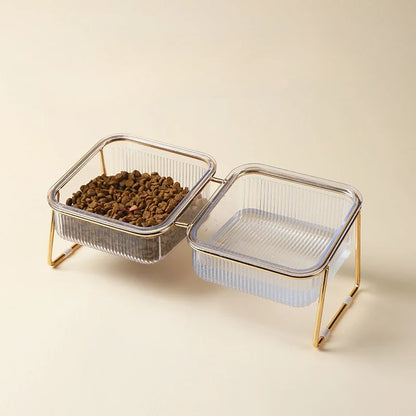 Elevated Cat Bowl Transparent Glass Double Bowl For Neck Protection