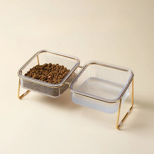 Elevated Cat Bowl Transparent Glass Double Bowl For Neck Protection