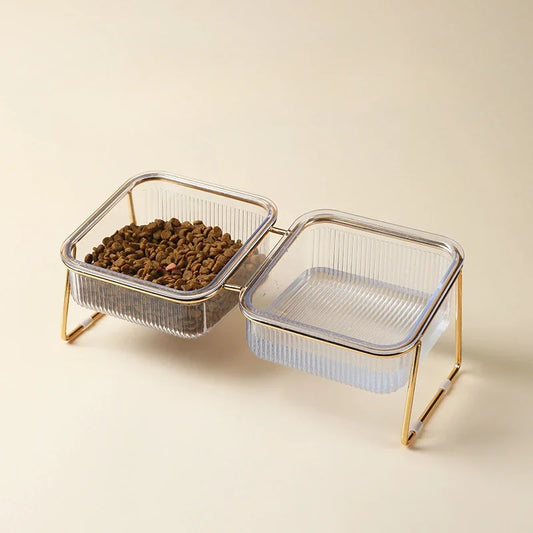 Elevated Cat Bowl Transparent Glass Double Bowl For Neck Protection