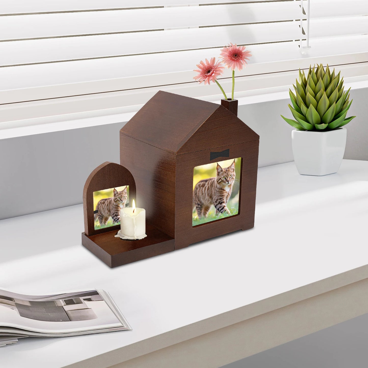 Pine Acrylic Pet Urn With Two Photo Frames For Small Pet Ashes
