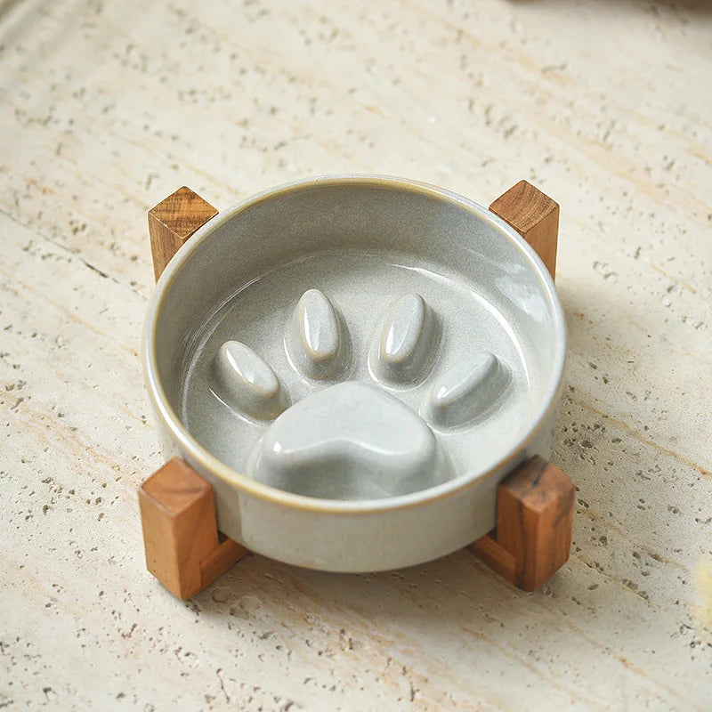Japanese Ceramic Pet Bowl Set With Slow Feeder And Wood Stand