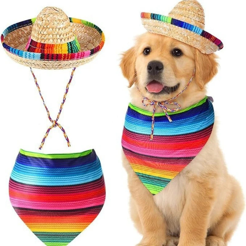 Mexican Dog Hat And Bandana Set - Striped Pet Neck Scarf