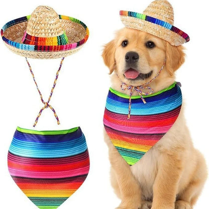 Mexican Dog Hat And Bandana Set - Striped Pet Neck Scarf