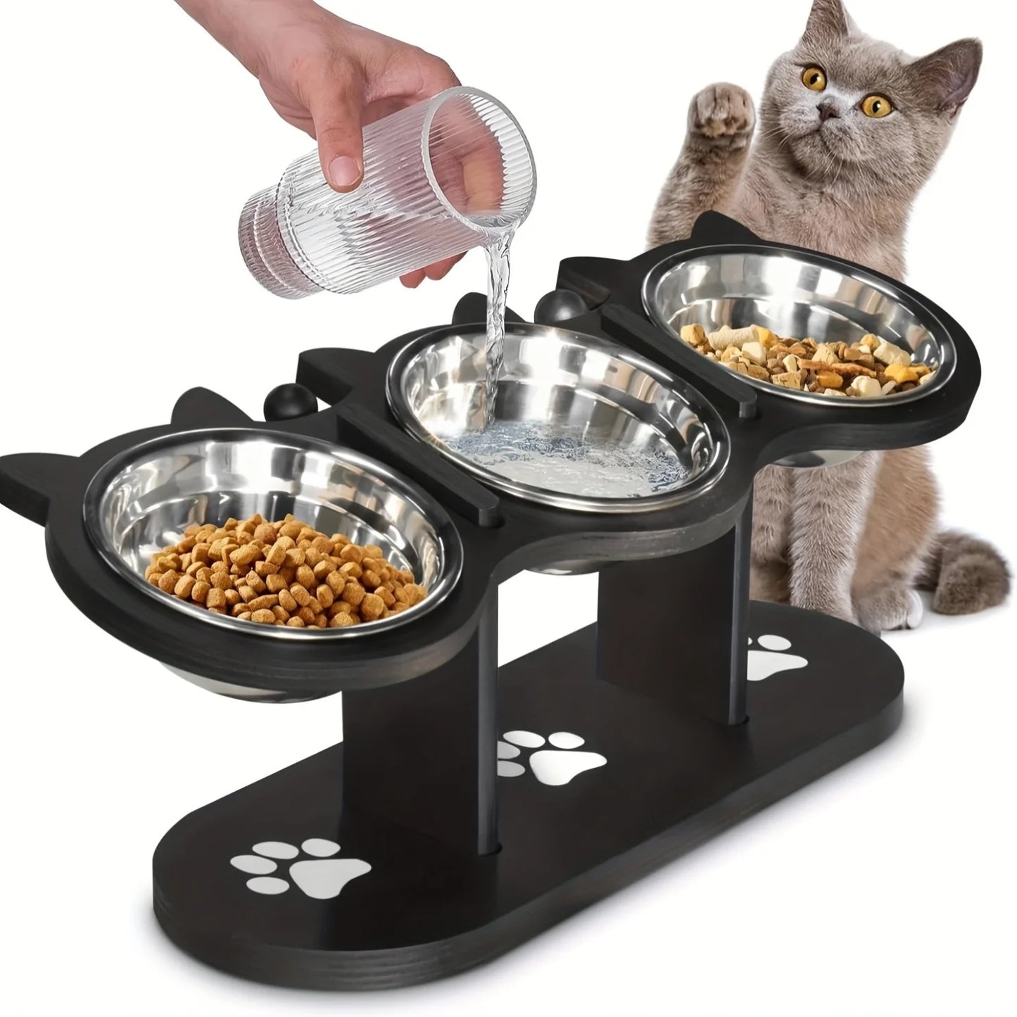 Elevated Cat Bowl With Adjustable Wood Stand And Stainless Steel
