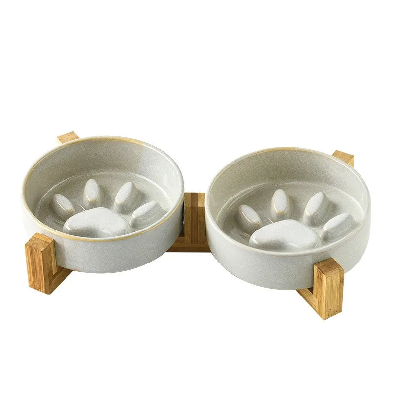 Japanese Ceramic Pet Bowl Set With Slow Feeder And Wood Stand